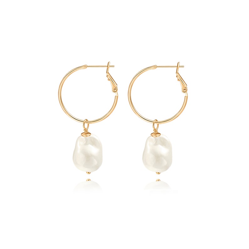 Chubby Baroque Pearl Drop Dangle Earrings, 18k Gold Big Hoop Earrings with Charm, Statement Lightweight Earrings for Women.SS-ER424 image 1