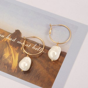 Chubby Baroque Pearl Drop Dangle Earrings, 18k Gold Big Hoop Earrings with Charm, Statement Lightweight Earrings for Women.SS-ER424 image 3