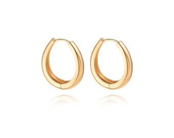 18k Chunky Gold Hoop Earrings, Statement Teardrop Oval Huggie Earrings, Fashion Lightweight Minimalist Jewelry 30mm.SS-ER414