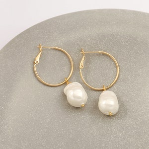 Chubby Baroque Pearl Drop Dangle Earrings, 18k Gold Big Hoop Earrings with Charm, Statement Lightweight Earrings for Women.SS-ER424 image 6