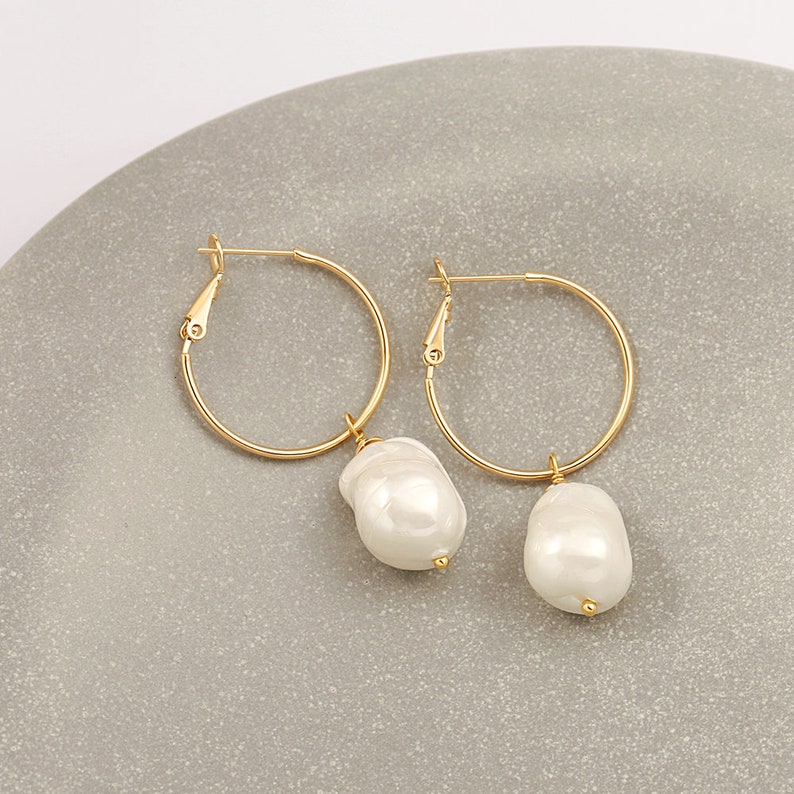 Chubby Baroque Pearl Drop Dangle Earrings, 18k Gold Big Hoop Earrings with Charm, Statement Lightweight Earrings for Women.SS-ER424 image 6