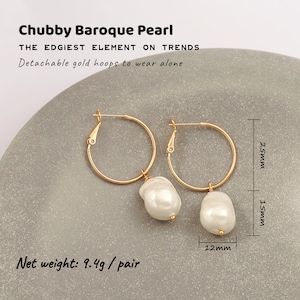 Chubby Baroque Pearl Drop Dangle Earrings, 18k Gold Big Hoop Earrings with Charm, Statement Lightweight Earrings for Women.SS-ER424 image 2