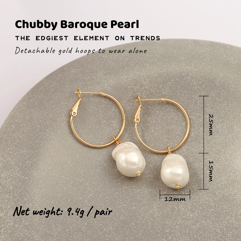 Chubby Baroque Pearl Drop Dangle Earrings, 18k Gold Big Hoop Earrings with Charm, Statement Lightweight Earrings for Women.SS-ER424 image 2