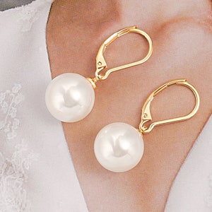 12MM White Round Shell Pearl Drop Dangle Earring for Women 18K Gold Plated French Hooks Leverback Earring Bridesmaids Jewelry,SS-ER464 image 4