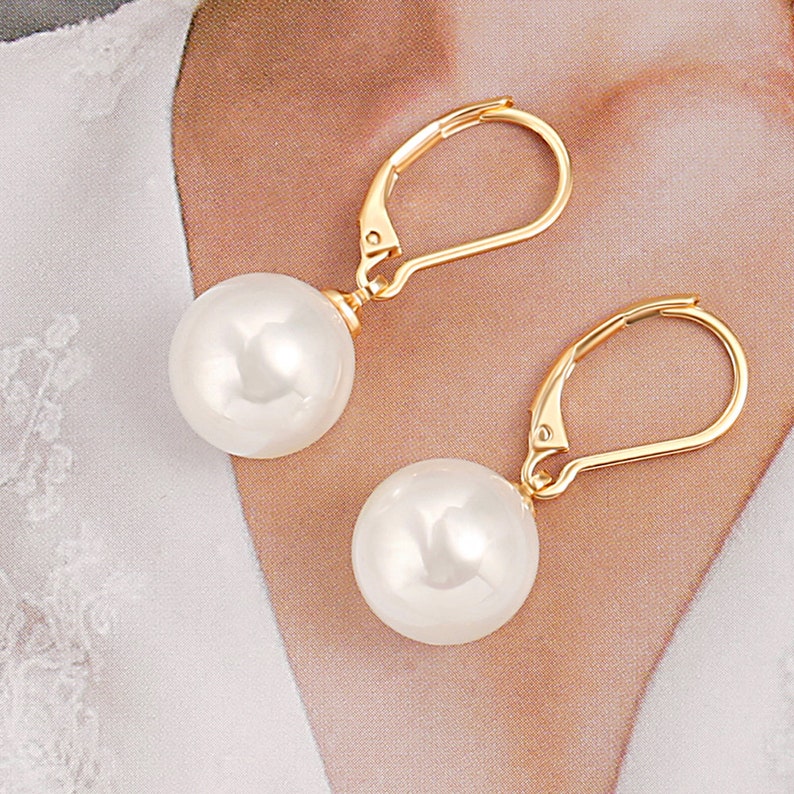 12MM White Round Shell Pearl Drop Dangle Earring for Women 18K Gold Plated French Hooks Leverback Earring Bridesmaids Jewelry,SS-ER464 afbeelding 4