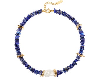 Chunky Statement Lapis Lazuli Necklace, Big Baroque Pearl Gold Choker, Trendy Boho Blue Beaded Stone Jewelry  SS-WYJ1325