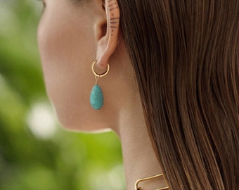 Boho Turquoise Teardrop Dangle Earrings, 18k Gold Huggie Hoop Earrings with Charms, Trendy Turquoise Jewelry for Women SS-HJ091