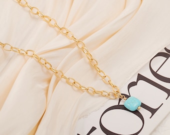 18k Gold Plated Link Chain Necklace Layered Stacked Turquoise Pendant Choker Necklace Handmade Jewelry for Women. SS-WYJ1281