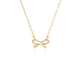 Dainty CZ Pave Bow Pendant Necklace 18K Gold Chain Choker Necklace for Women Adjustable Layering Jewelry 16’’ SS-WYJ1398