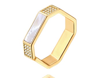 18K Gold Plated Mother of Pearl Geometric Ring, Minimalist Cubic Zirconia Chunky Ring, Sophisticated Layered Finger Jewelry Gift. SS-HJ087