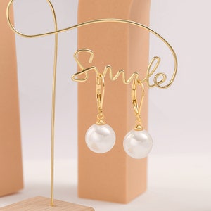 12MM White Round Shell Pearl Drop Dangle Earring for Women 18K Gold Plated French Hooks Leverback Earring Bridesmaids Jewelry,SS-ER464 afbeelding 2