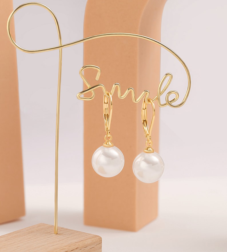 12MM White Round Shell Pearl Drop Dangle Earring for Women 18K Gold Plated French Hooks Leverback Earring Bridesmaids Jewelry,SS-ER464 image 2