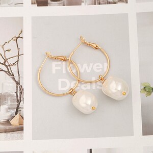 Chubby Baroque Pearl Drop Dangle Earrings, 18k Gold Big Hoop Earrings with Charm, Statement Lightweight Earrings for Women.SS-ER424 image 4