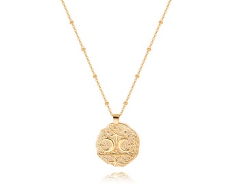 18K Gold Moon and Star Pendant Necklace,Gold Coin Necklace for Women,Gold Beaded Satellite Chain Necklace,Disc Medallion Necklace,SS-WYJ1214