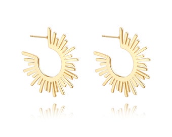 18K Gold Sunburst Hoop Earrings for Women, Open C Hoop Sun Stud Earrings, Minimalist Sunshine Spike Earrings,SS-ER451