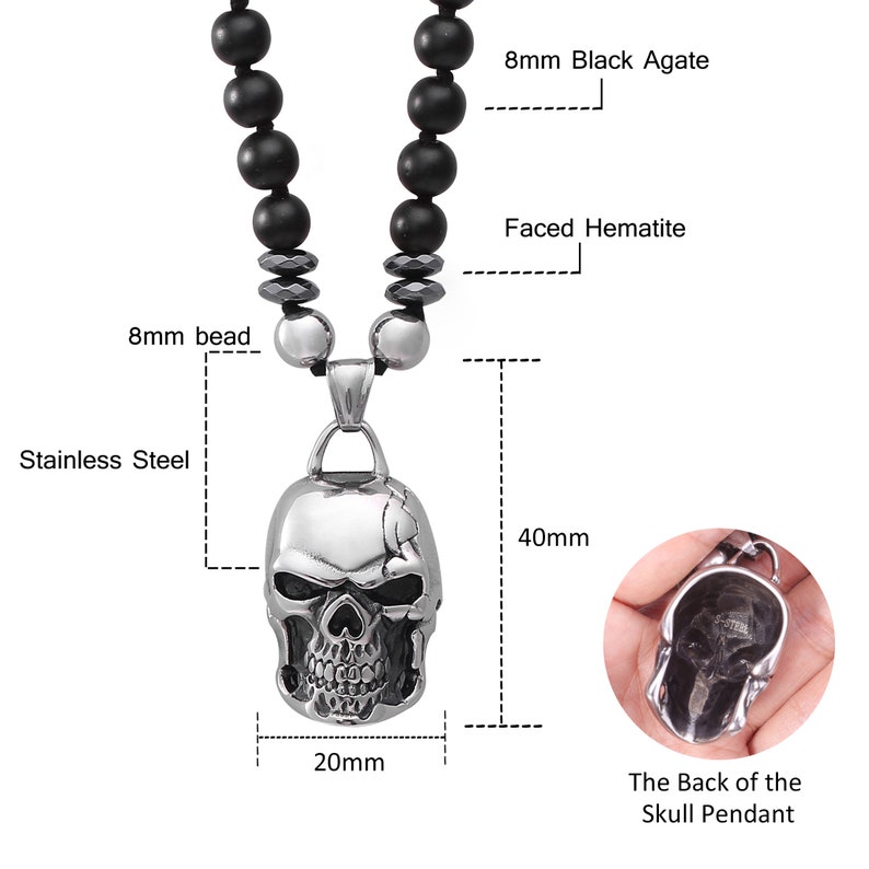 Black Series Halloween Necklace Jewelry.SS-WYJ950 Stainless Steel Skull And 8mm Black Agate Hand-Knotted Necklace Agate Necklace
