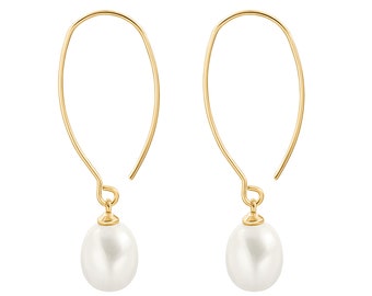 18K Gold Plated Long Statement Hanging Earrings Dainty Lightweight Shell Pearl Drop Dangle Earrings for Women，SS-ER497