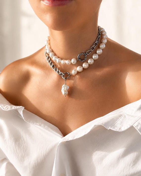 Pearl large necklace, chunky pearl necklace ,statement pearl Necklace, large  baroque pearl necklace , bold pearl choker, luxury jewelry
