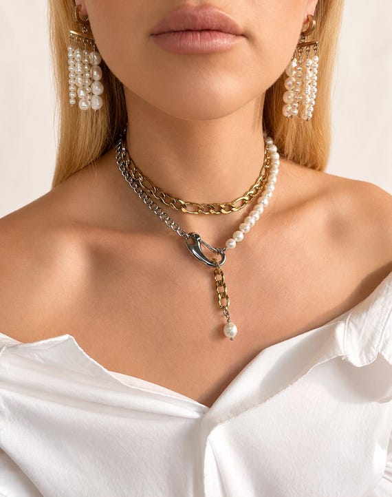 Mixed Metal Pearl Necklace, Gold Silver Pearl Choker, Layered Pearl Necklace, Statement Pearl Jewelry, Bridal Pearl Necklace, Luxury Necklac