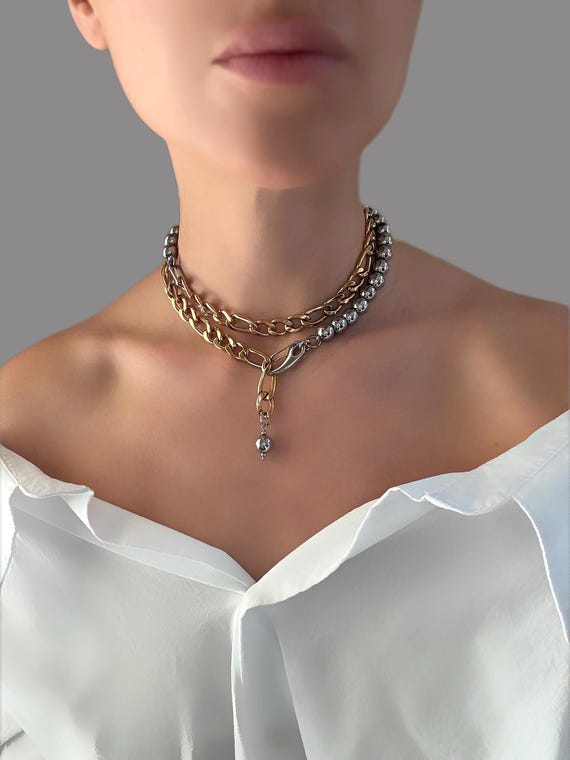 Hematite Transformer Necklace, Versatile Gold Silver Statement Necklace, layered gold necklace, luxury jewelry, modern silver gold  jewelry
