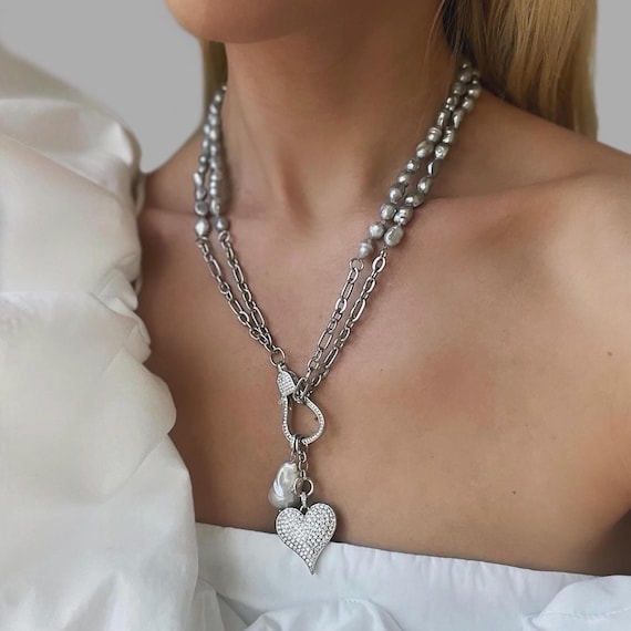 Gray pearl necklace, pearl beaded chain, statement pearl necklaces, boho jewelry, alt  layered gray pearl necklace,alt chain pearl necklace