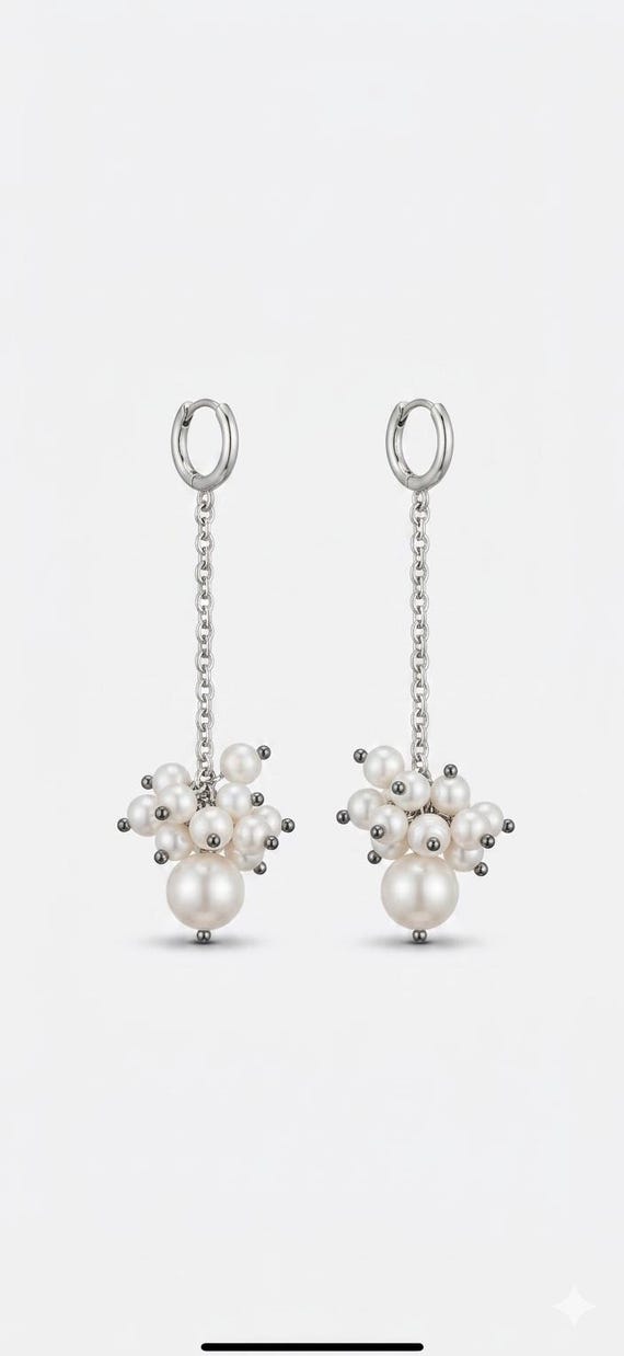 Pearl Cluster Chain Earrings, Freshwater Pearl Drop Earrings, Silver Statement Earrings, Long Tassel Earrings, Bridal Pearl Jewelry