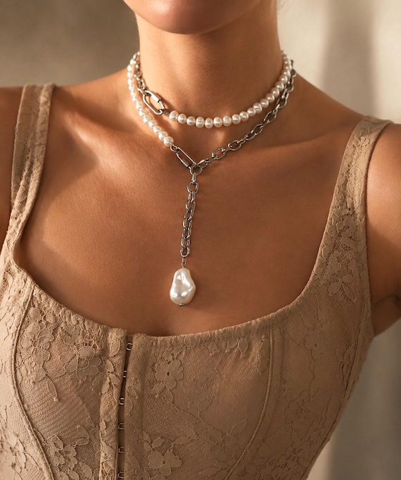 Y Necklace Pearl Pendant, Freshwater Pearl Choker, Layered Chain Necklace, Minimalist Luxury Jewelry Bridal Necklace Gift for Her