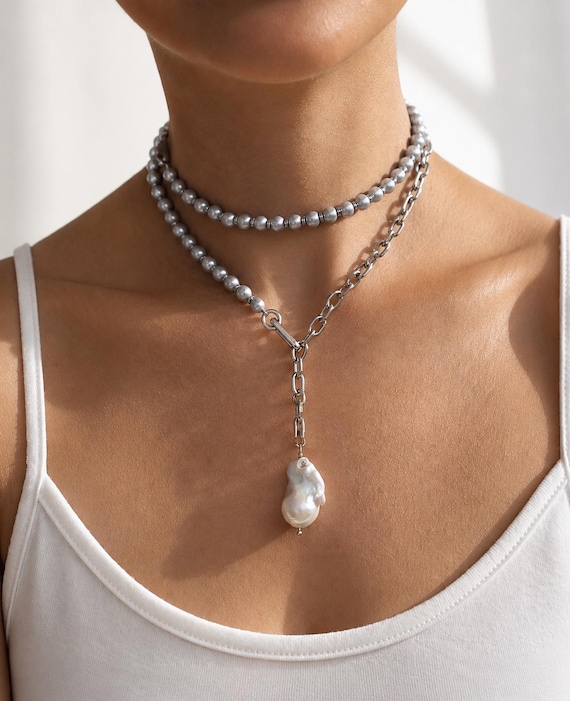 Chain pearl pendant necklace, chain trendy necklace, minimalistic silver necklace , delicate chain necklace, zodiac necklace, zodiac pendant