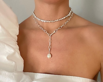 Silver pearl necklace, pearl stylish necklace, trendy silver pearl necklaces, alt layered gray pearl necklace, silver chain pearl necklace