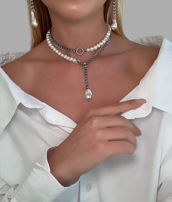 Alt pearl necklace, Tiffany necklace ,luxury pearl Necklace, alt Pearl trendy jewelry, statement pearl necklace, modern pearl necklace