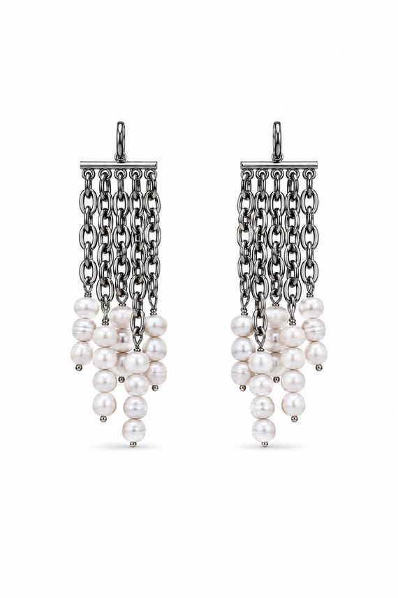 Pearl large Chain Earrings, Freshwater Pearl Drop Earrings, Silver Statement Earrings, Earrings, Bridal Pearl Jewelry wedding earrings