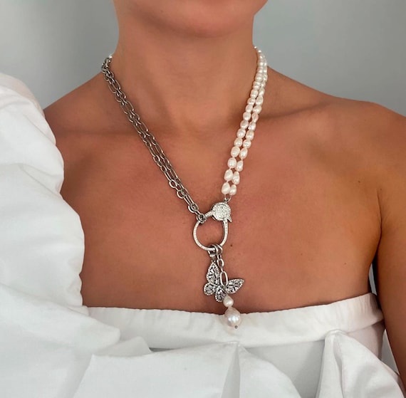 Transformer Pearl Necklace, Butterfly Pendant, Stainless Steel Chain