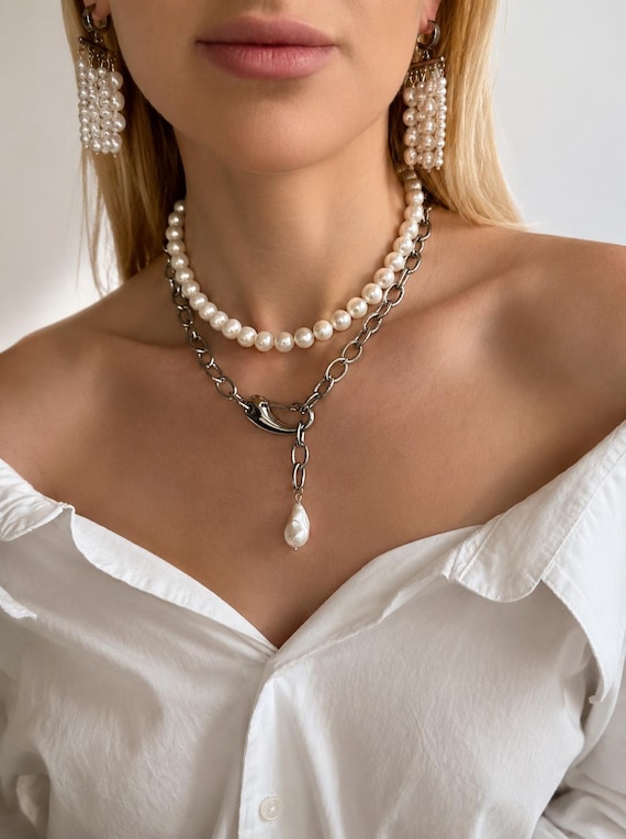 Transformable Freshwater Pearl Necklace, Chunky Silver Chain Choker, Statement Jewelry