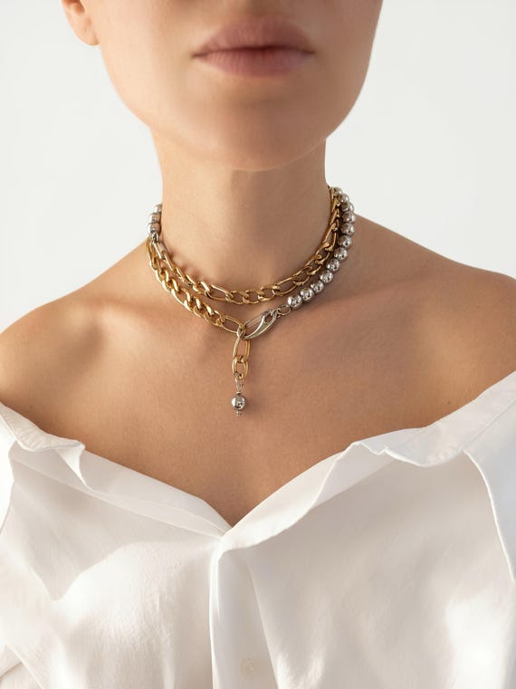 Hematite Transformer Necklace, Versatile Gold Silver Statement Necklace, layered gold necklace, luxury jewelry, modern silver gold  jewelry