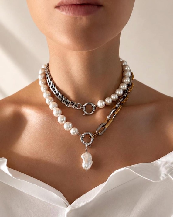 Transformable Pearl Necklace, Chunky Chain, Detachable Pendant
