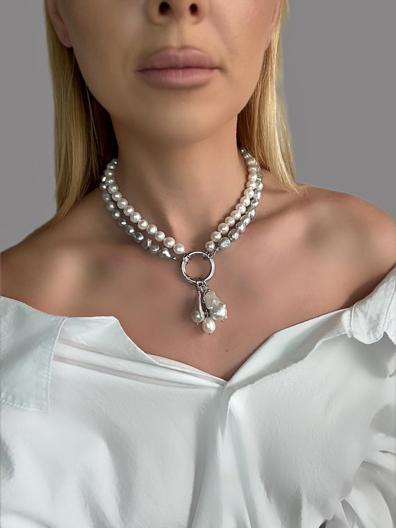 Multiway Pearl Necklace, Stainless Steel Chain, Gray and Purple Pearls