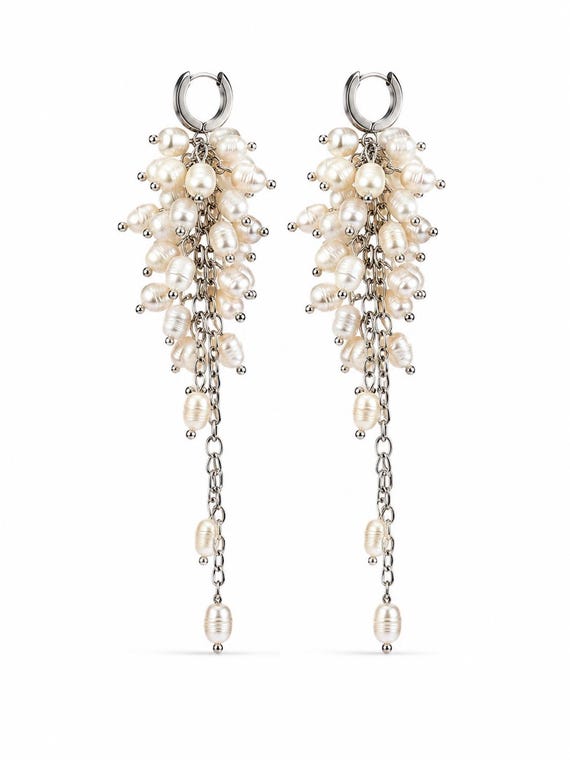Pearl Cluster Chain Earrings, Freshwater Pearl Drop Earrings, Silver Statement Earrings, Long Tassel Earrings, Bridal Pearl Jewelry
