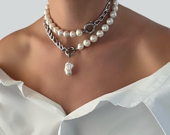 Pearl large necklace, chunky pearl necklace ,statement pearl Necklace, large  baroque pearl necklace , bold pearl choker, luxury jewelry