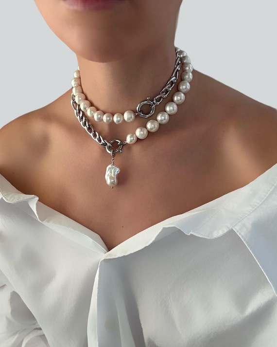 Pearl large necklace, chunky pearl necklace ,statement pearl Necklace, large  baroque pearl necklace , bold pearl choker, luxury jewelry