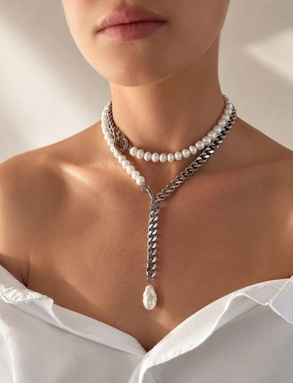 Transformer Pearl Necklace, 6-in-1 Stainless Steel Chain Jewelry