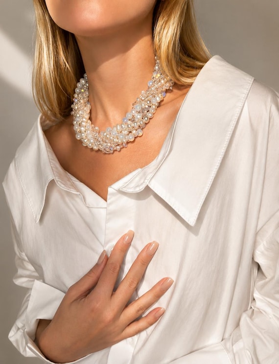 Handcrafted Multi-Strand Pearl Necklace, Opal Gemstone Choker