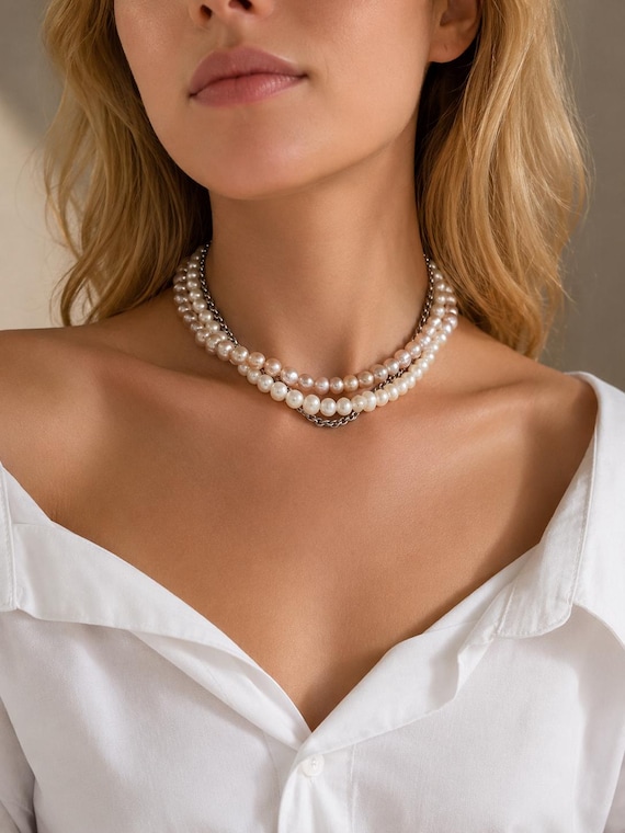 Multi-Strand Freshwater Pearl Choker, Stainless Steel Chain, Detachable Layered Necklace