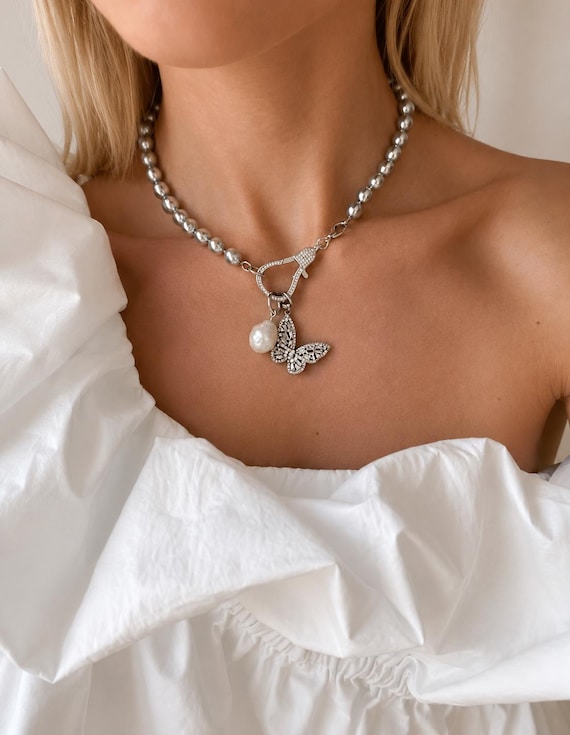 Gray pearl necklace, Baroque Pearl Necklace, Silver, Natural Pearl Necklace, Charms Elegant, Boho Choker, moon Pendant, butterfly pendant