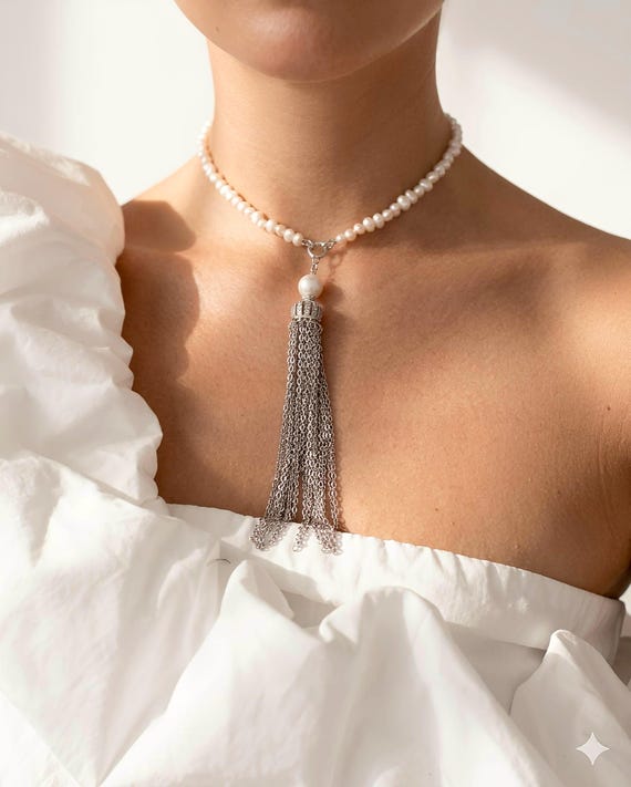 Bohemian Pearl Necklace, stylish Pearl Necklace ,alt pearl jewellery , Pearl tassel  Pendant, Brides Gifts, pearl trendy tassel necklace