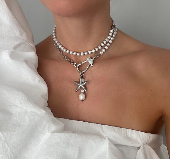 Alt pearl necklace, trendy Pearl Necklace, stylish pearl Necklace, trendy jewelry, fashion  pearl jewelry, set earrings Pearl chain necklace