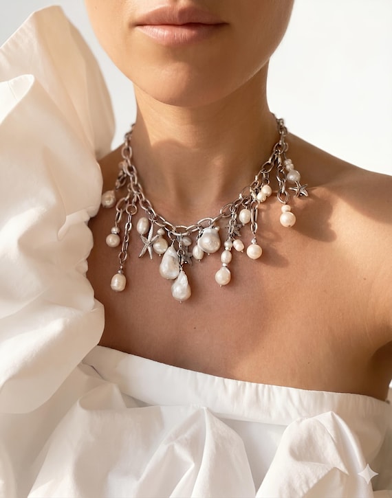 Baroque Freshwater Pearl Necklace, Chunky Starfish Pendant Choker