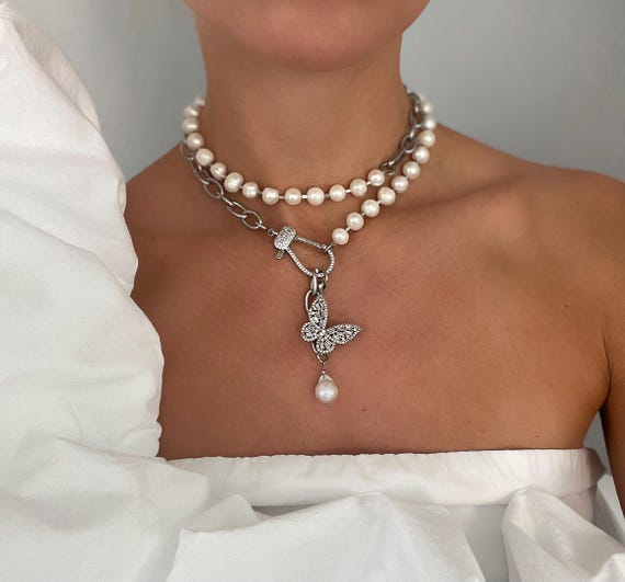 Set Pearl Necklace and earrings, trendy pearl  Necklace ,alt pearl necklace, stylish jewelry, Pearl Jewelry, Brides Gifts, pearl trendy chok