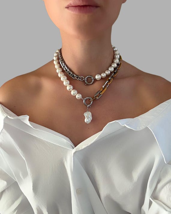 Transformable Pearl Necklace, Chunky Chain, Detachable Pendant