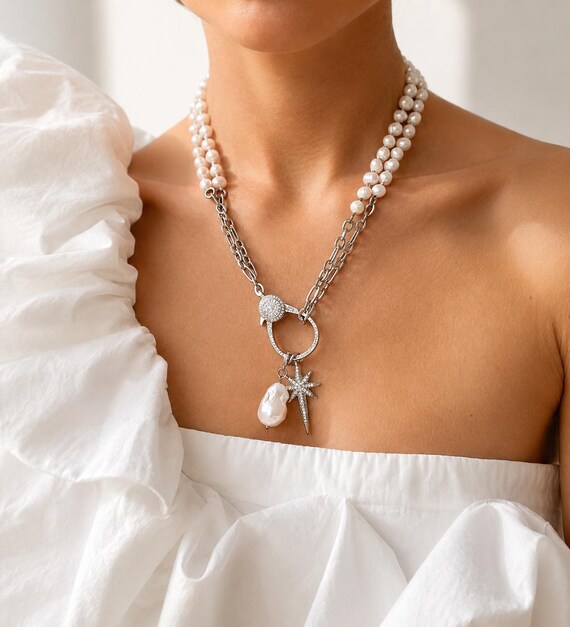 Alt pearl long necklace, Baroque Pearl Necklace, Beaded Necklace, alt Pearl Necklace, alt statement pearl necklace, Pearl baroque pendant