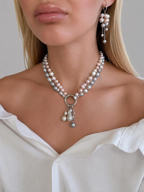 Multiway Pearl Necklace, Stainless Steel Chain, Gray and Purple Pearls